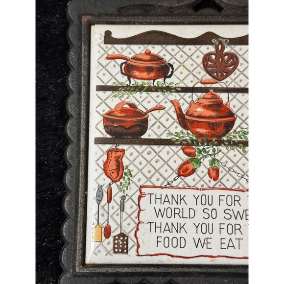 Vintage Cast Iron Trivet With Thank You For The World So Sweet Prayer & Teapot - Picture 5 of 7